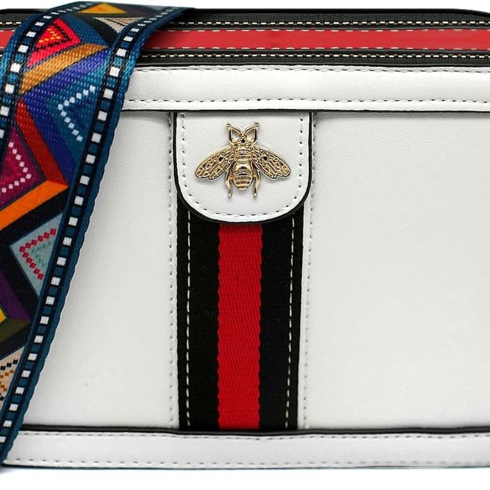 White Women's Crossbody Bag with Red & Black Stripe and Gold Bee Accent